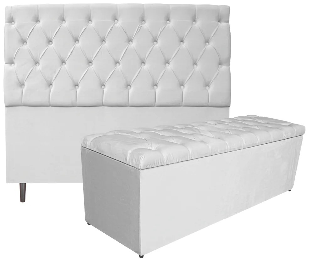 Kit Cabeceira e Calçadeira Liverpool 140 cm Casal Suede Branco - ADJ Decor