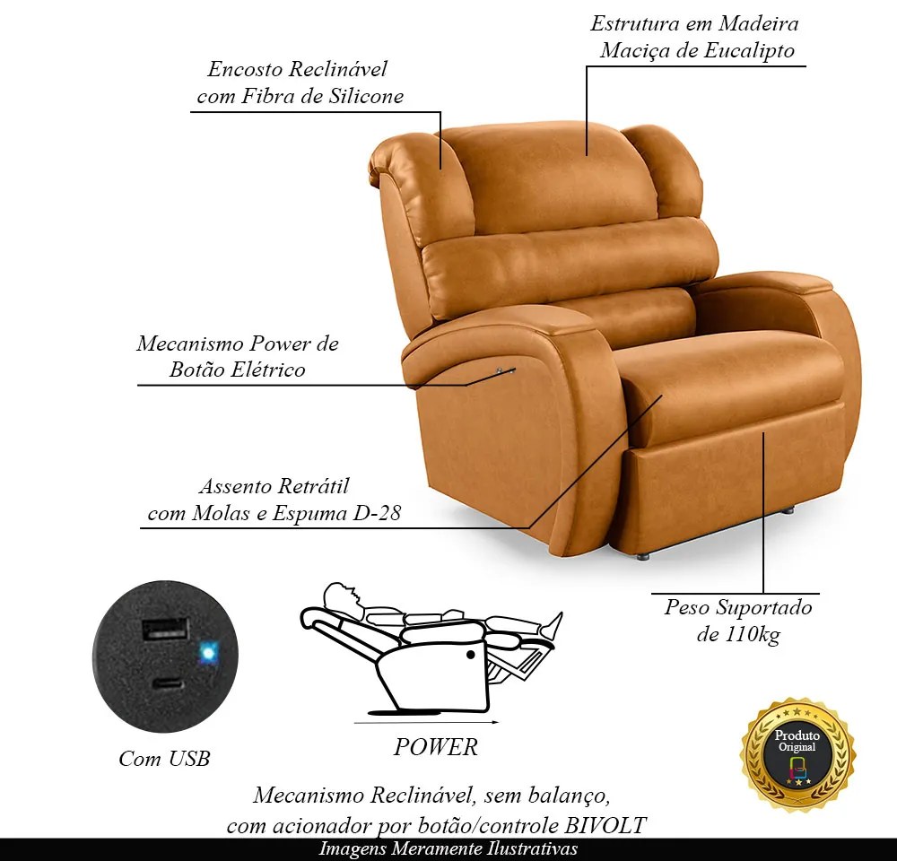 Poltrona do Papai Sala de Cinema Reclinável Kylie Power Touch USB PU Whisky G23