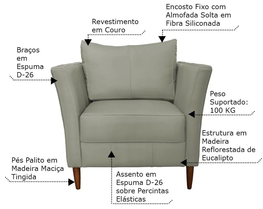 Poltrona Decorativa Sala de Estar Pés Palito Lubbock Couro Fendi G58 - Gran Belo