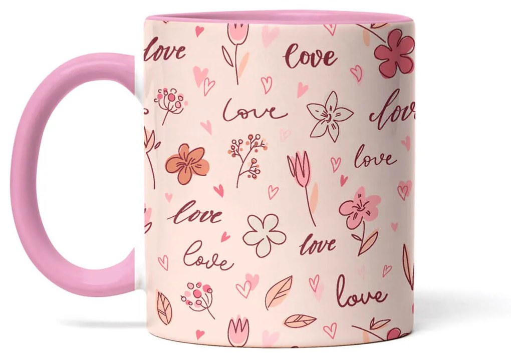 Caneca Amor e Flores Love and Flowers Interior e Alça Rosa