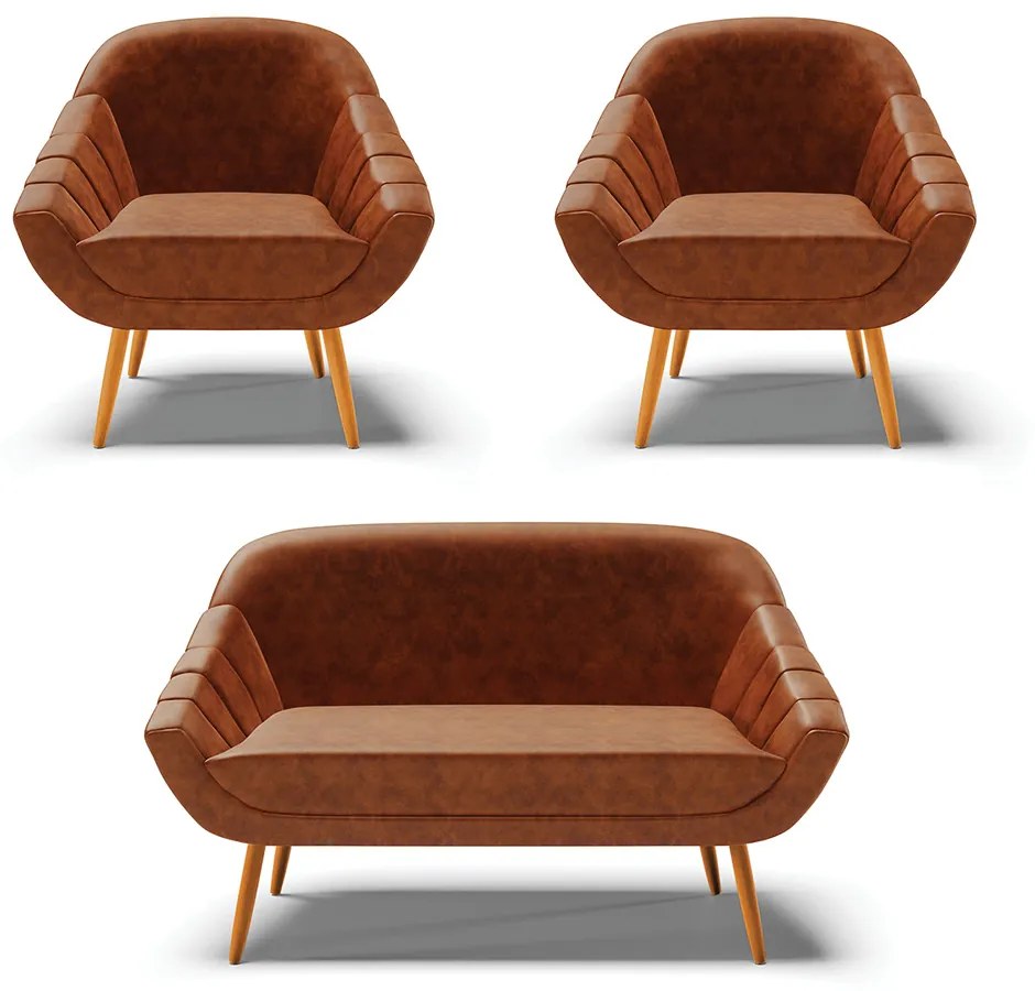 Kit 01 Namoradeira 02 Lugares e 02 Poltronas Giovana Corano Nozes Pés Palito Castanho - Indo Decorar