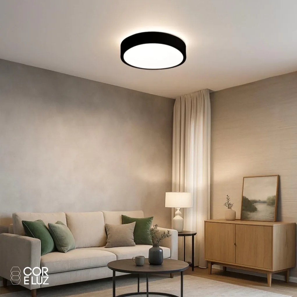 Plafon Luna Redondo Ø42X7Cm Led 32W Bivolt - Usina 19660/42 (PT - Preto Texturizado, 3000k)