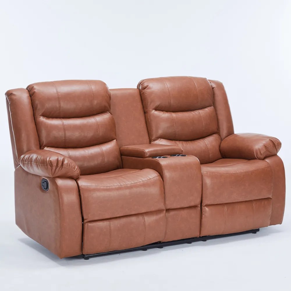 Sofá Reclinável Sala de Cinema 2 Lugares Massagem Aquecimento Hollywood Manual Porta Copos Baú Central PU Caramelo G94 - Gran Belo