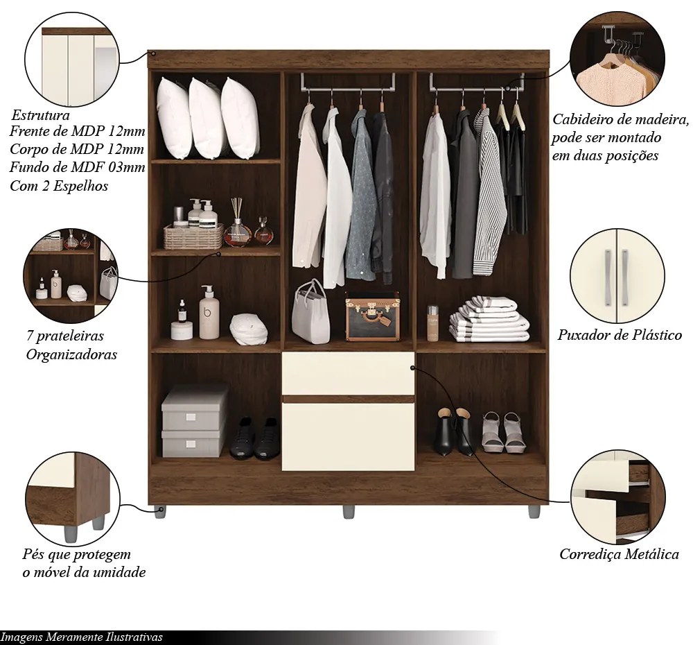Guarda Roupa Casal Abruzzo 6 Portas de Bater 2 com Espelhos 2 Gavetas Nogueira/OffWhite G98 - Gran Belo