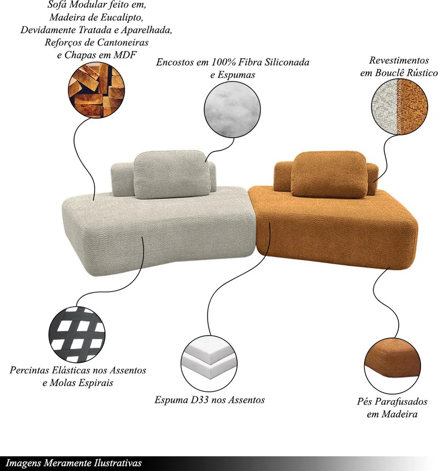 Sofá Ilha Sala de Estar Modulado Dakota Encosto Almofadas Soltas Bouclê Rústico Greige/Terracota G33 - Gran Belo