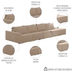 Sofá Ilha Modular com Puff para Sala Living 392cm Georgia Z08 Veludo B