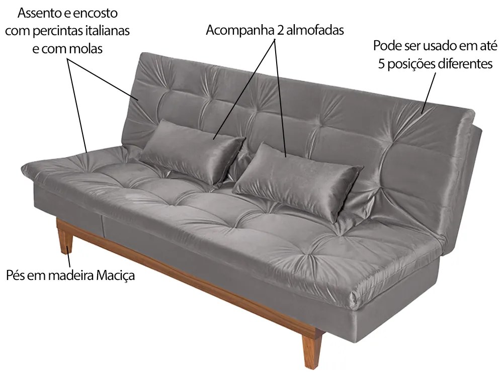 Sofá Cama Reclinável 2 Lugares Change Veludo Cinza G30 - Gran Belo