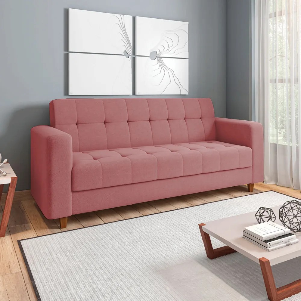 Kit Sofá 03 Lugares e 02 Poltronas Arezzo Linho Whisky Rose A106 Pés Chanfrado Castanho - D'Rossi