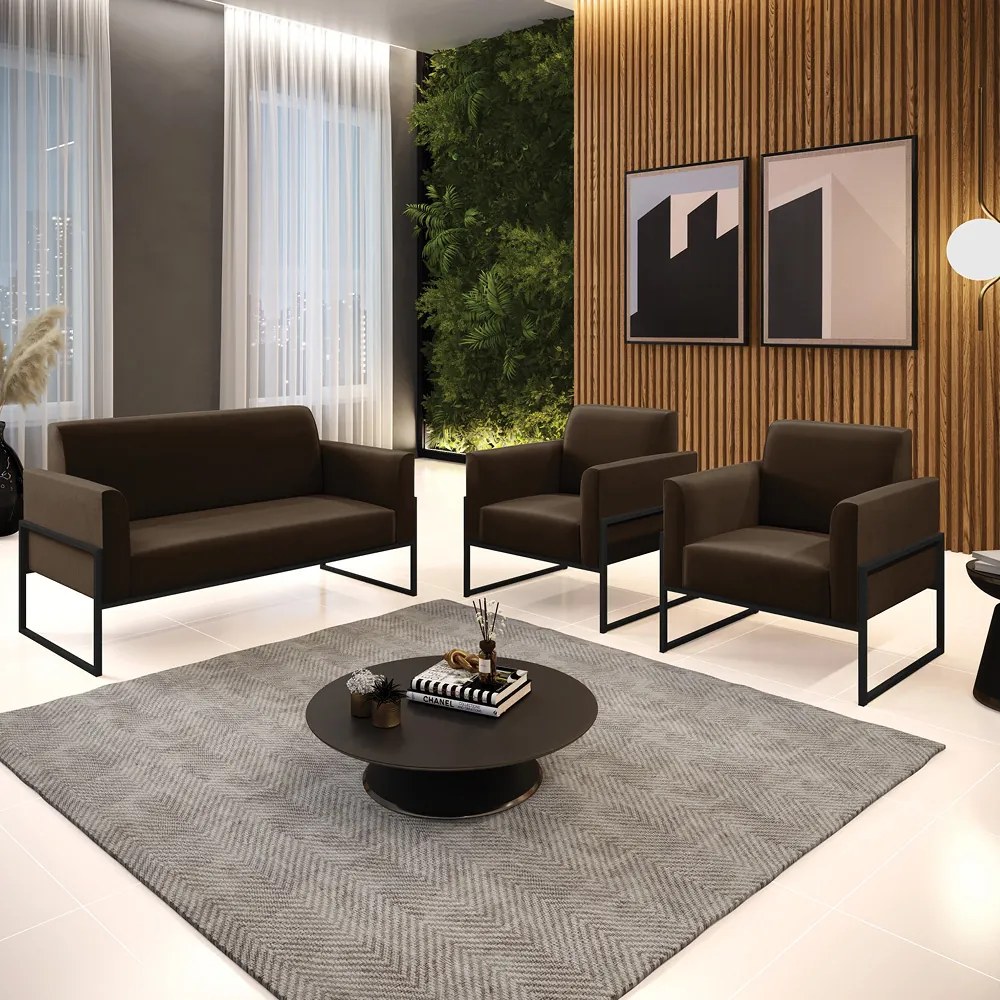 Sofá Namoradeira com 2 Poltronas Base Industrial Alta Preto Marisa Suede D03 - D'Rossi - Marrom