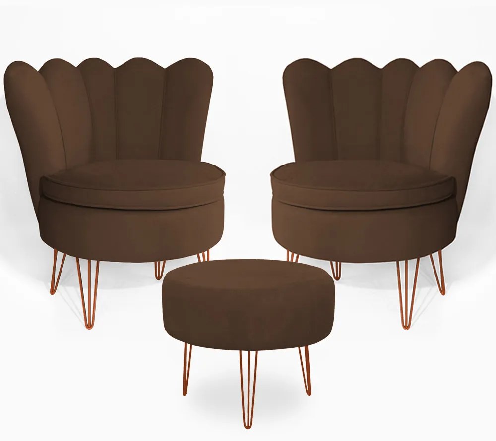 Conjunto 2 Poltrona Dália com Puff Chloe Pés Hairpin Legs Bronze Veludo Marrom