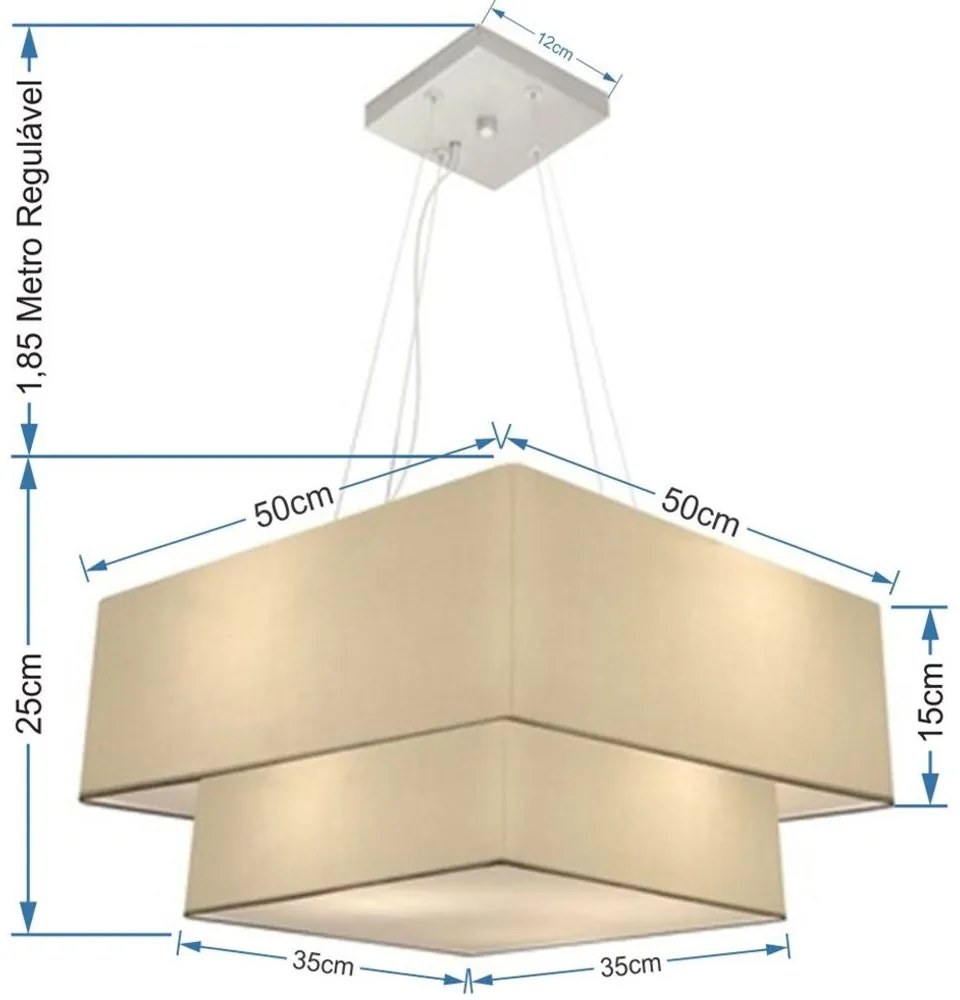 Lustre Pendente Duplo Quadrado Vivare Md-4066 Cúpula em Tecido 50x35cm Algodão Crú - Bivolt