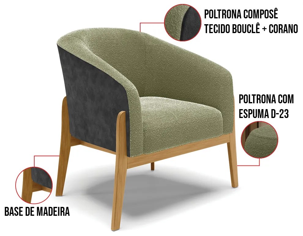 Poltrona Decorativa Base Madeira Stella PU Preto/Bouclê D03 - D'Rossi - Pistache