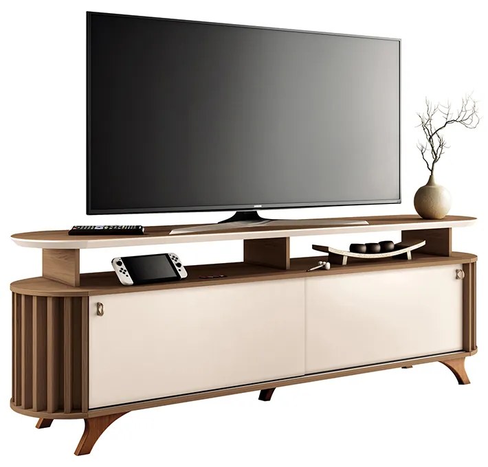 Bancada Decorativa Kirby 1.8 TV até 70 Polegadas Ripada Castanho/Off White G26 - Gran belo