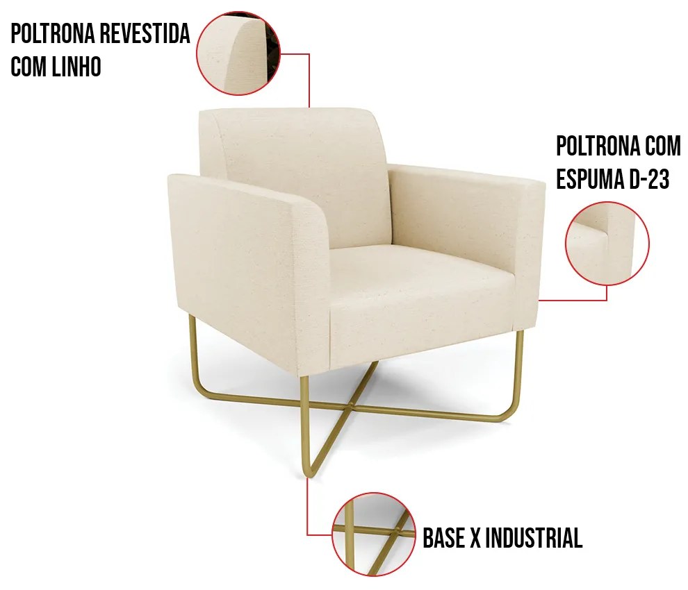 Poltrona Base X Industrial Dourado Marisa Linho - A19 Bege