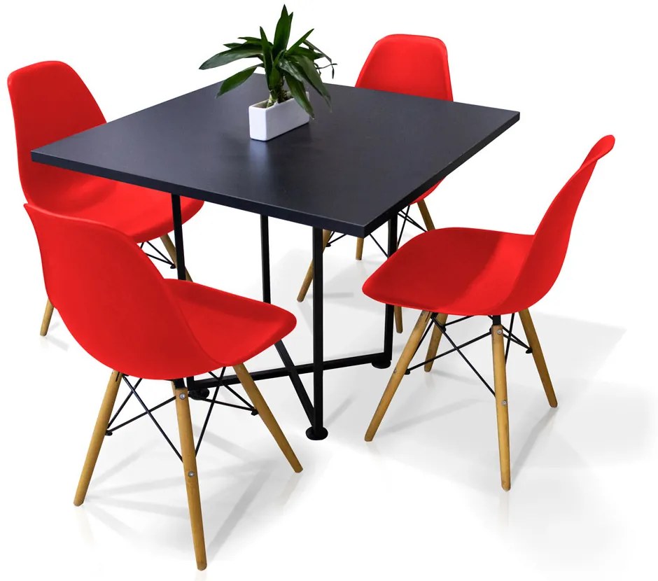Kit 04 Cadeiras Eiffel Vermelho e 01 Mesa de Jantar 04 Lugares Jade 90 cm Preto Base Metálica Industrial Preto M05 - D'Rossi