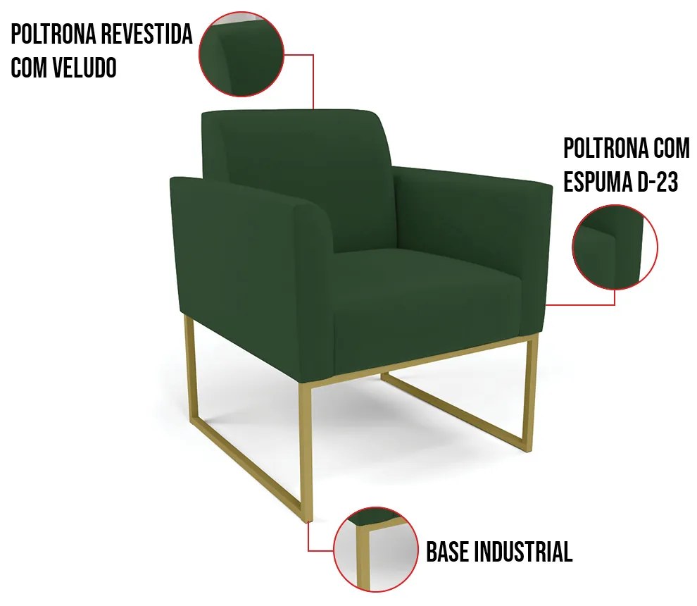 Kit 2 Poltronas Base Industrial Dourado Marisa Veludo D03 - D'Rossi - Verde