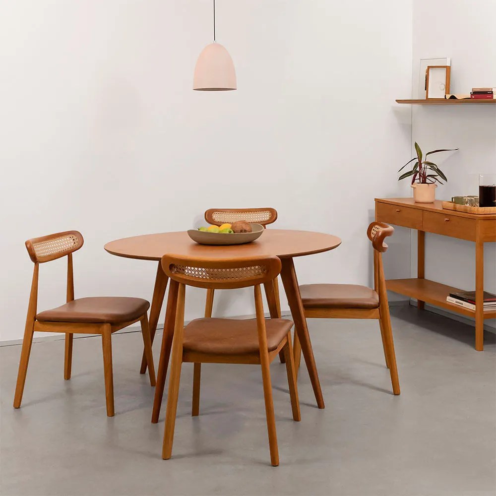 Conjunto Mesa de Jantar Square Laminada Redonda Natural - 1,18cm + 4 Cadeiras Dalí Encosto Palha Larga - Cognac