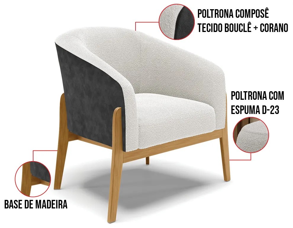 Poltrona e Puff Decorativo Base Madeira Stella PU Preto/Bouclê D03 - D'Rossi - Off White