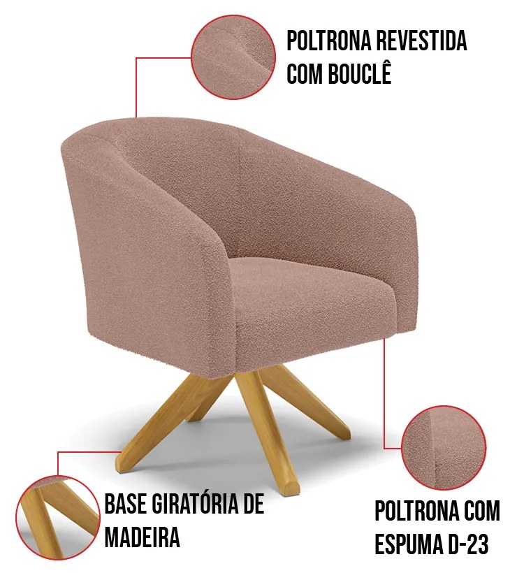 Poltrona Sala Decorativa Giratória Madeira Stella Bouclê D03 - D'Rossi - Rose