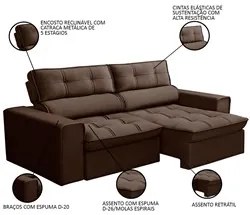 Sofá Retrátil Reclinável 3 Lugares 220cm Blanches F05 Veludo Marrom -