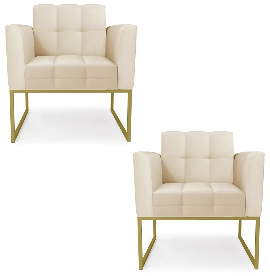 Poltrona Sala Decorativa Kit 2 Elisa Industrial Dourado Sintético Bege D03 - D'Rossi