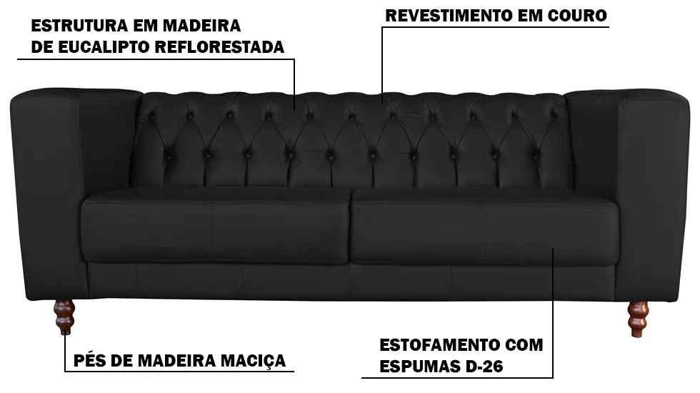 Sofá 3 Lugares Ravena 200cm Couro Preto G58 - Gran Belo