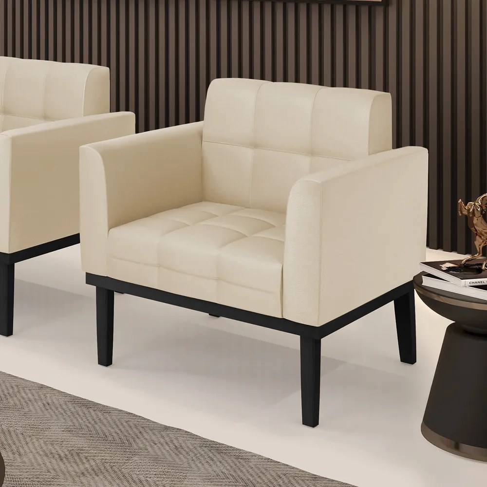 Poltrona Decorativa Karen Pés Fixo em Madeira Preto PU Bege G19 - Gran Belo
