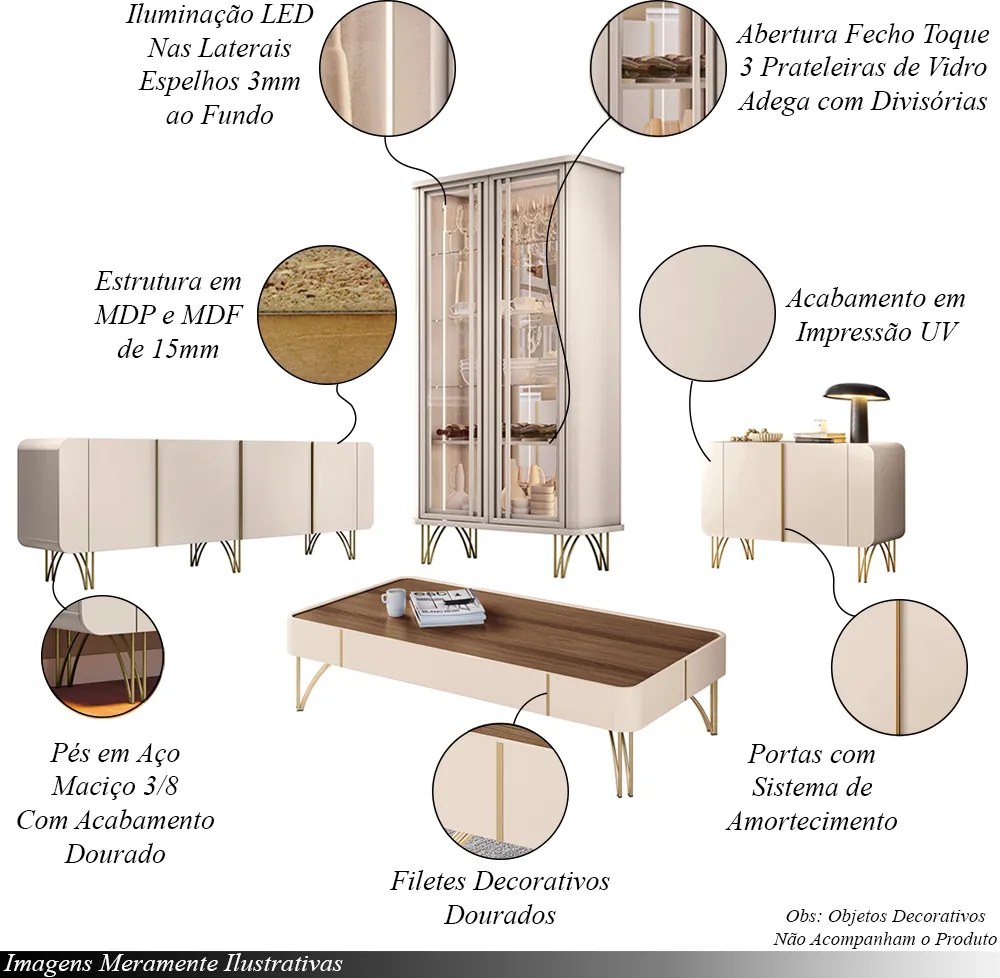 Conjunto 1 Cristaleira 2 Buffets e 1 Mesa de Centro Texas/Virginia/Bambino/Rennes Off White/Castanho G26 - Gran Belo