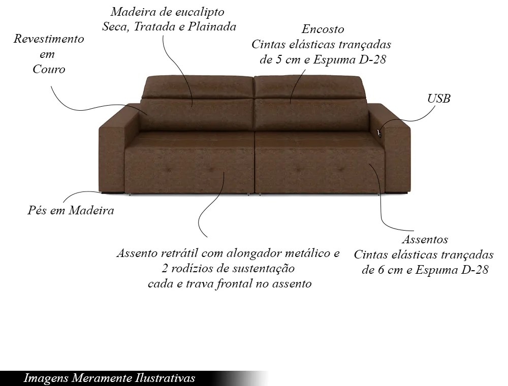 Sofá Retrátil 3 Lugares 204cm 2 Módulos Nero com USB Couro Manchado G52 - Gran Belo
