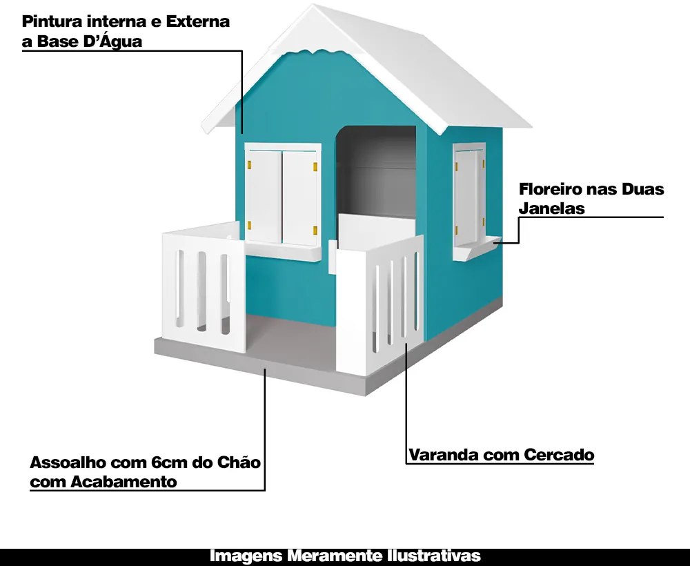 Casinha De Brinquedo Com Cercado Floreiros MDF Azul Turquesa/Branco L12 - Gran Belo