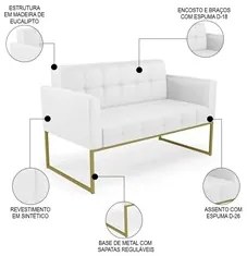 Sofá Namoradeira e 2 Poltronas Base Industrial Dourado Ana Sintético B