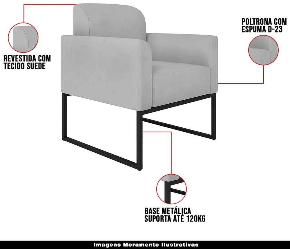 Kit 2 Poltronas Decorativas Isabella Base Industrial Suede Cinza/Preto G19