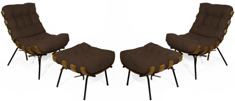 Kit 2 Poltronas Costela Com 2 Puff Costela Suede Marrom