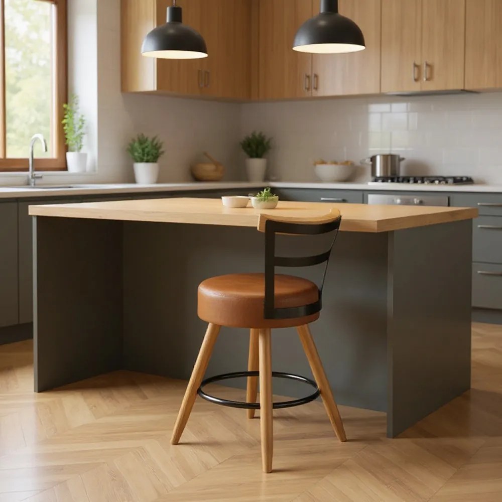 Banqueta Baixa Cozinha 50cm Encosto Pé Madeira Kyara Pu S02 - D'Rossi - Caramelo