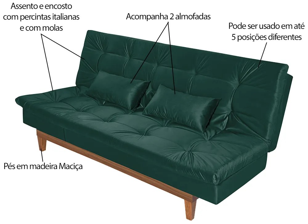 Sofá Cama Reclinável 2 Lugares Change Veludo Verde G30 - Gran Belo