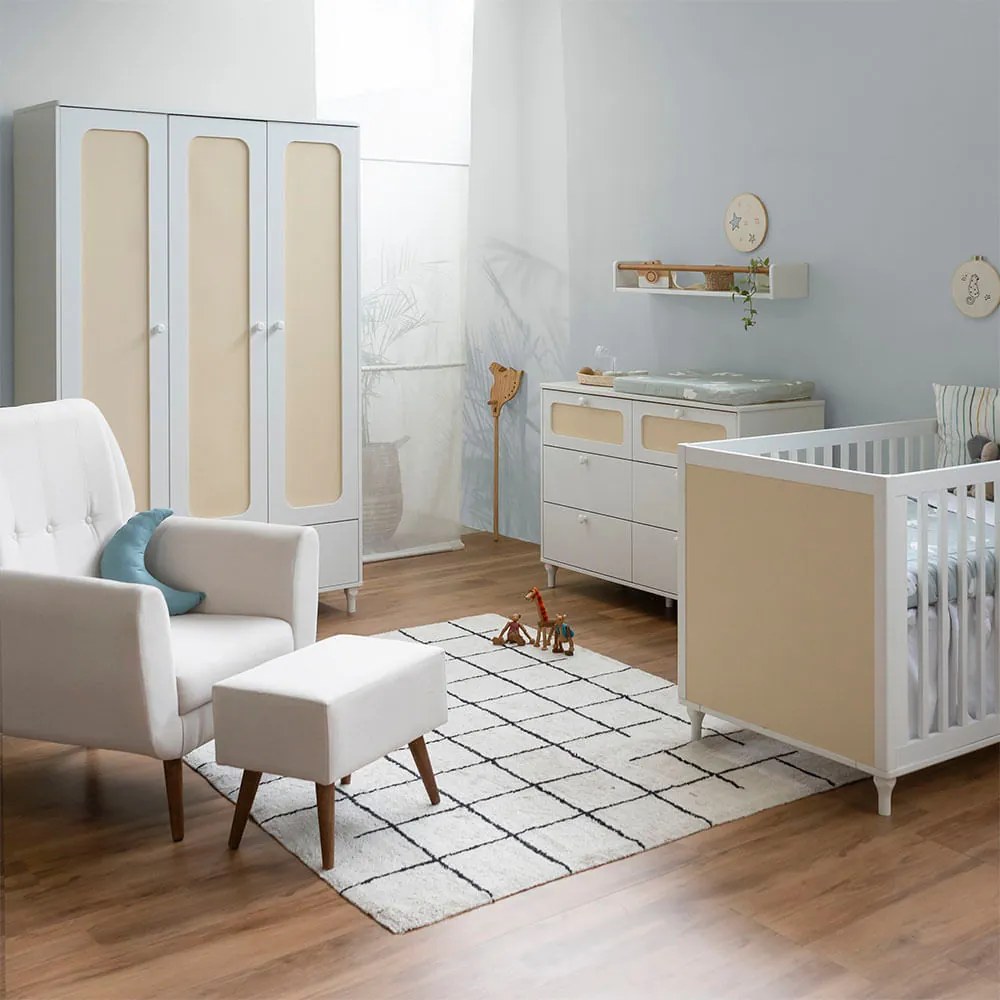 Kit Quarto Infantil Rattan - Berço Mini Cama + Cômoda 6 Gavetas + Guarda-Roupa + Poltrona de Amamentação Lola e Puff Lola - Branco e Marfim