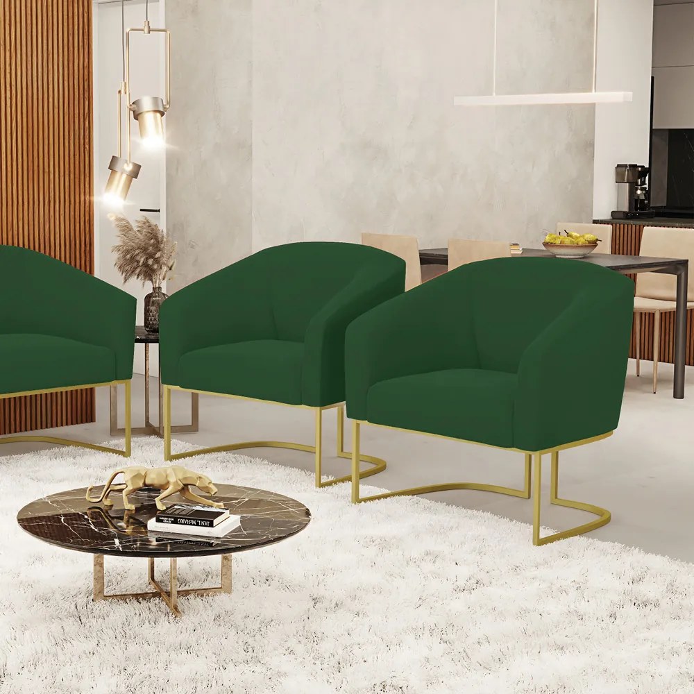 Cadeira Sala de Jantar Base Industrial Dourado Kit 2 Stella Veludo D03 - D'Rossi - Verde