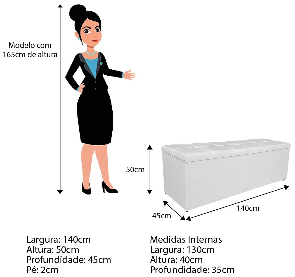 Calçadeira Estofada Manchester 140 cm Casal Corano Branco - ADJ Decor