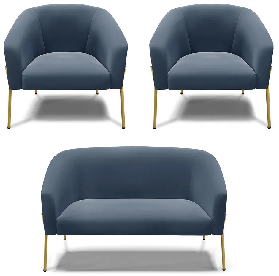 Namoradeira e 2 Poltronas Pé de Ferro Dourado Stella Suede D03 - D'Rossi - Azul Marinho