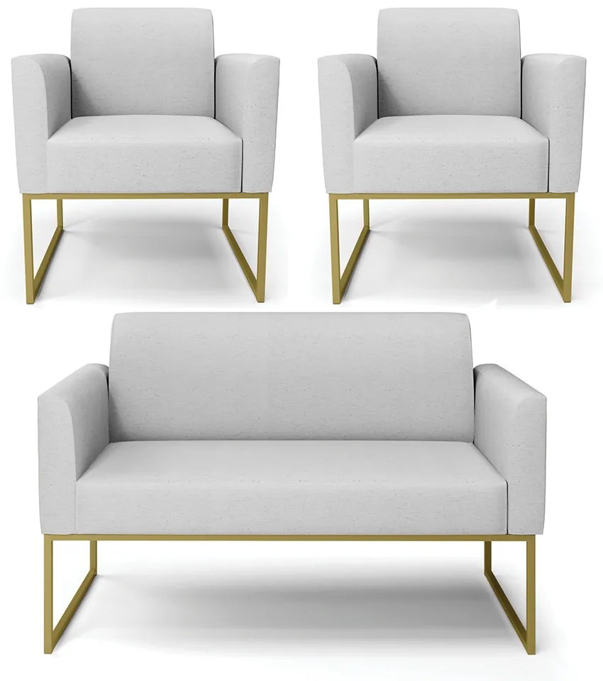Sofá Namoradeira com 2 Poltronas Base Industrial Dourado Marisa Linho D03 - D'Rossi - A05 Cinza