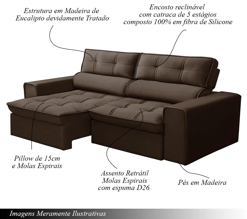 Sofá Retrátil e Reclinável 4 Lugares 240cm Welton Veludo Marrom G22 - Gran Belo
