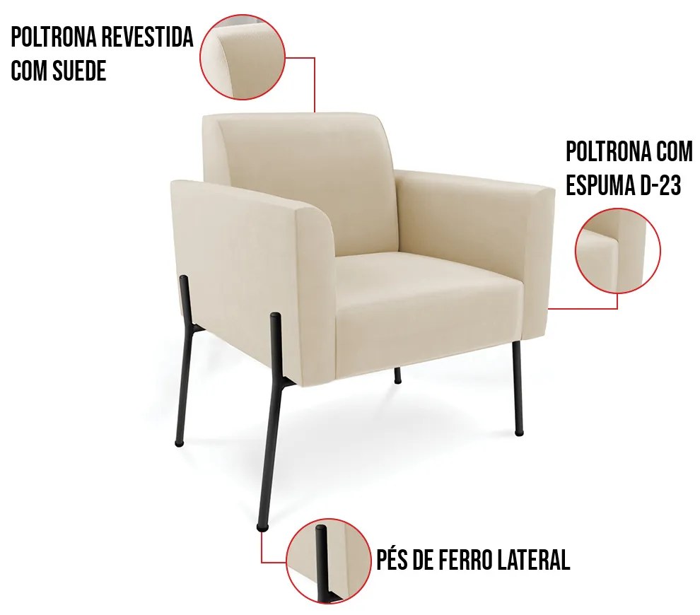 Poltrona Pé de Ferro Preto para Sala Kit 2 Marisa Suede D03 - D'Rossi - Bege