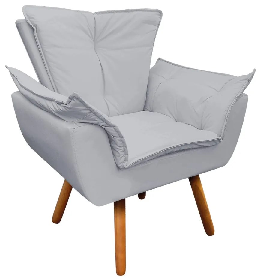 02 Poltronas e 02 Puffs Pé Palito de Madeira Opala Corino D03 - D'Rossi - Cinza