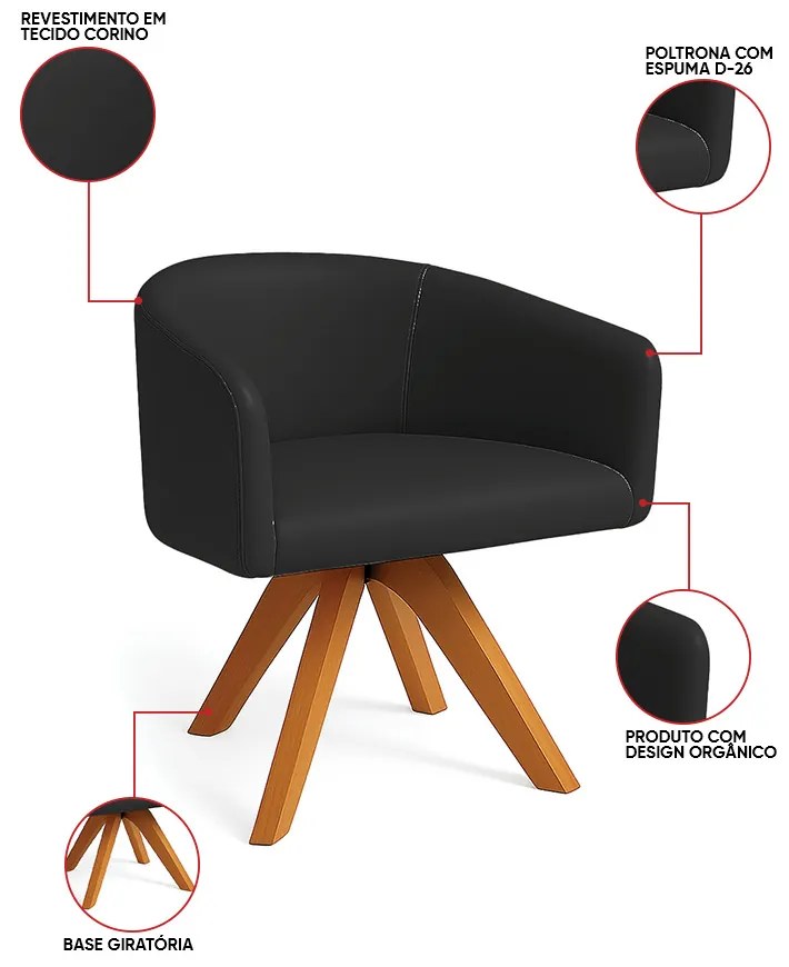 Poltrona Sala Base Giratória Madeira Arielle Sintético Preto D03 - D'Rossi