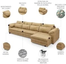 Sofá Retrátil 4 Lugares Para Sala 339cm Dijon Couro Bege S07 - Mpozena