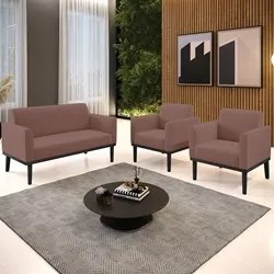 Sofá Namoradeira e 2 Poltronas Base Madeira Preto Maressa Veludo Rosê