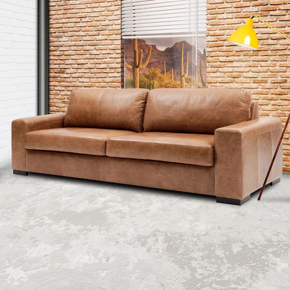 Sofá 3 Lugares Sala de Estar Pés Madeira Aisla 210 cm Couro Camel G43 - Gran Belo