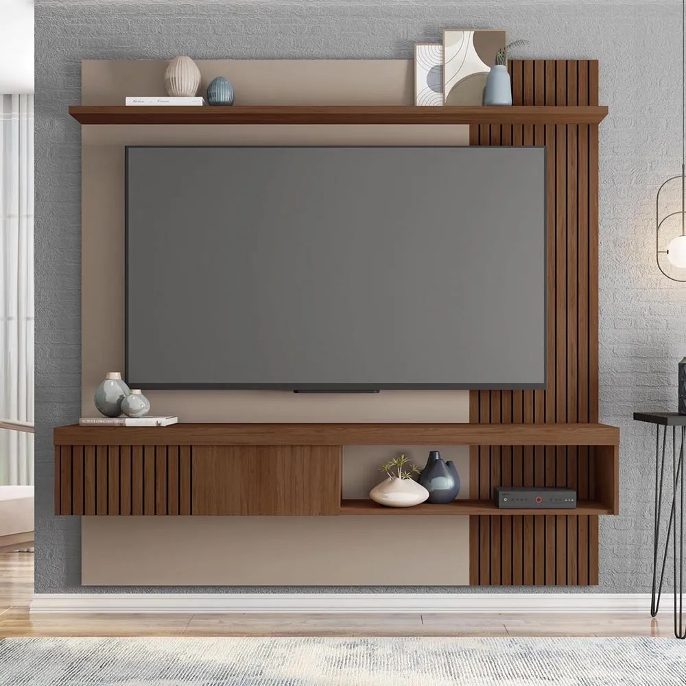 Painel TV 65 Pol 180cm Bancada Suspensa Ripado Luana C01 - D'Rossi - Fendi/Havana
