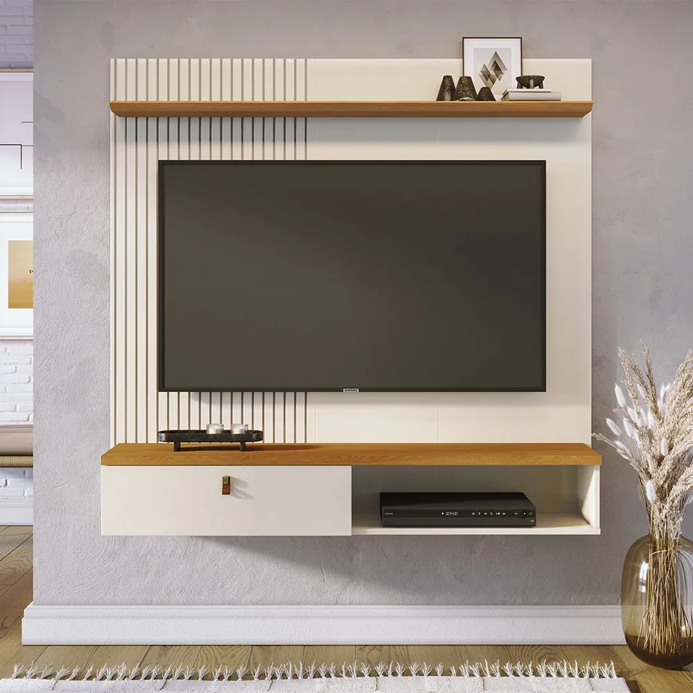 Painel TV 55 Pol 141cm Bancada Suspensa para Sala Seluna M20 - D'Rossi - Cinamomo e Off White