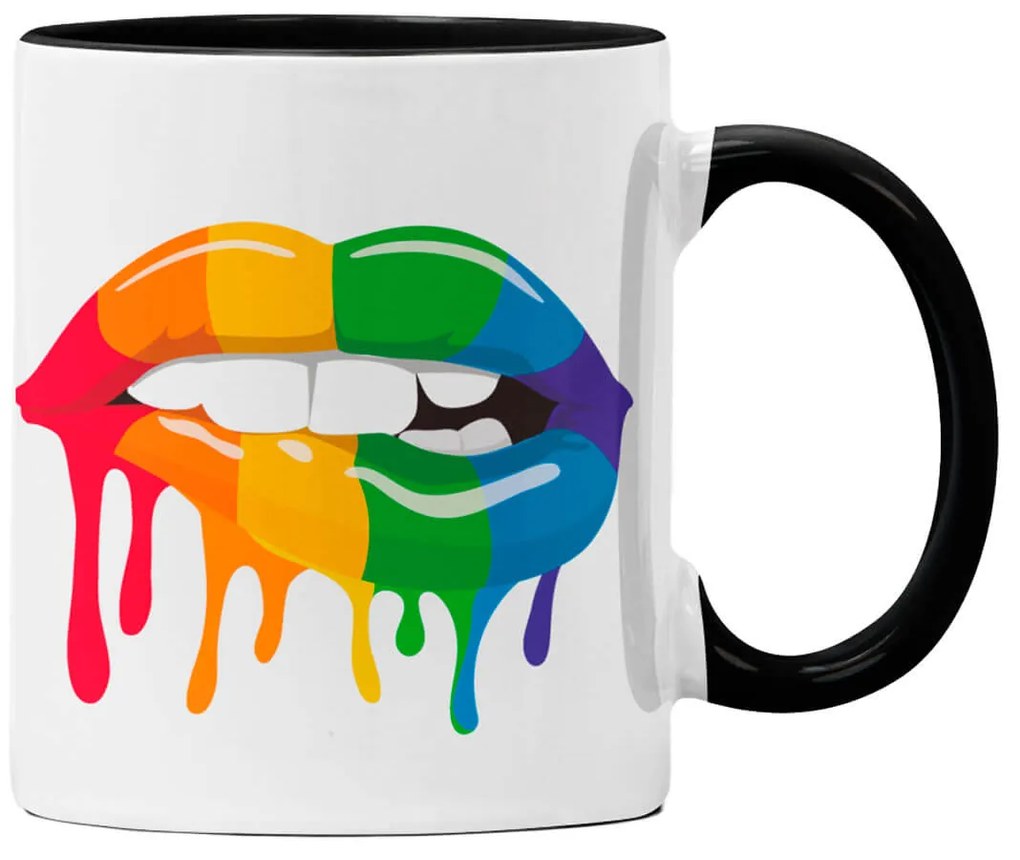 Caneca Boca Lábios Colorido Molhados com Alça Preta